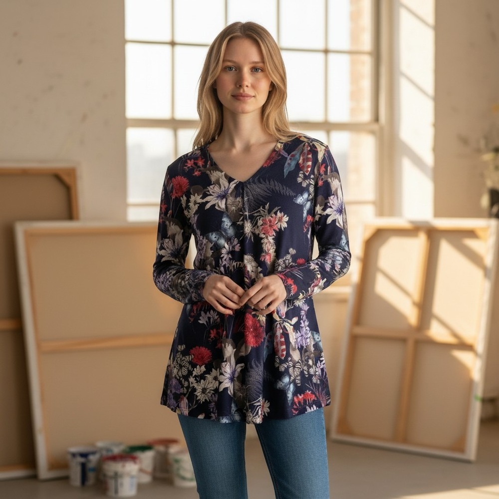 Soft Surroundings Womens Shirt LP Navy Long Sleeve Vneck Floral Tunic Botanical